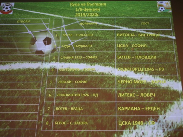 Днес бе изтеглен жребият за осминафиналите на Купата на България,