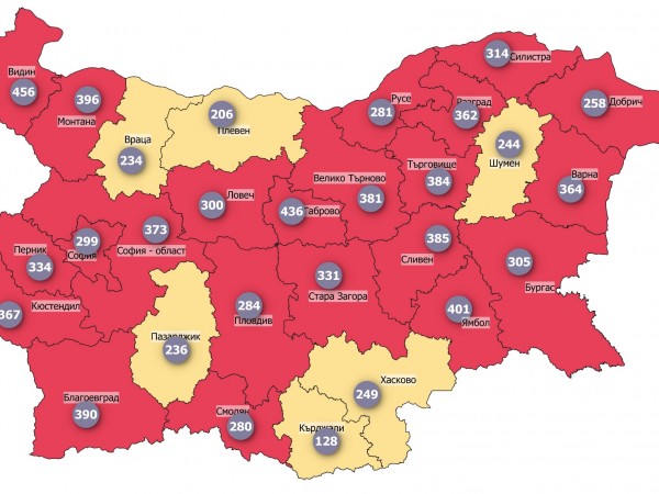 Общо 22 области попадат в червената COVID зона (между 250